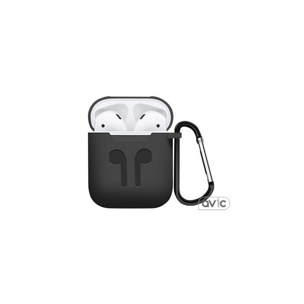 Чехол для Airpods Silicon case с карабином и ремешком Black