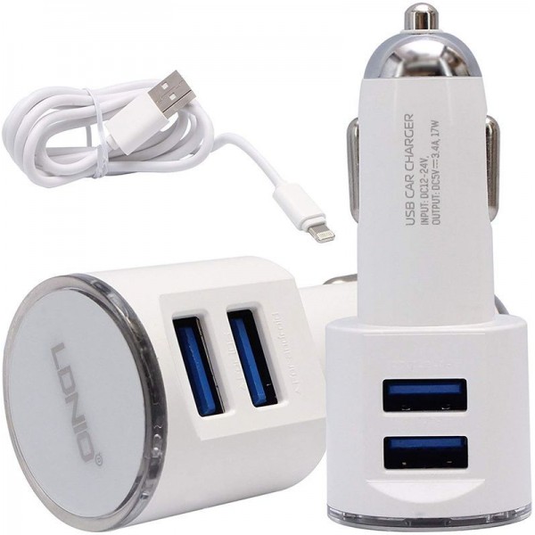 Автомобильное зарядное устройство LDNIO DL-C29 Car charger 2USB 3.4A + Lightning cable White