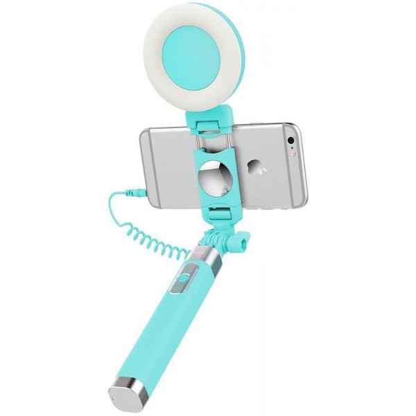 Монопод Rock Selfie stick with lightning wire control & light Blue