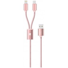 Кабель Rock 2 in 1 charging cable w/version D/USBA TO lightning+micro/ 1,2M Rose Gold