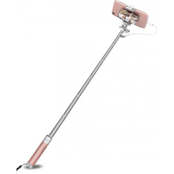 Монопод Rock Mini selfie stick with lightning wire control & mirror Pink