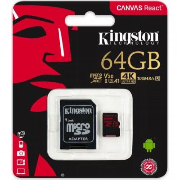 Карта памяти Kingston 64GB microSDXC class 10 UHS-I U3 (SDCR/64GB)