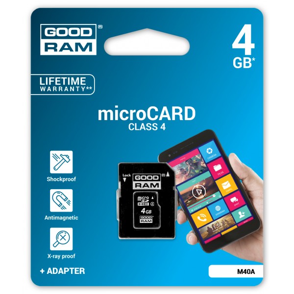 Карта памяти MicroSDHC 4GB Class 4 GOODRAM + SD-adapter (M40A-0040R11)