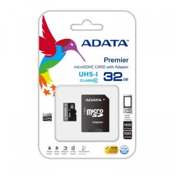 Карта памяти ADATA 32Gb microSDHC Ultra UHS-I +SD адаптер Class 10 (AUSDH32GUICL10-RA1)