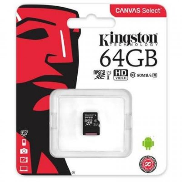 Карта памяти Kingston 64GB microSDXC class 10 UHS-I Canvas Select (SDCS/64GBSP)