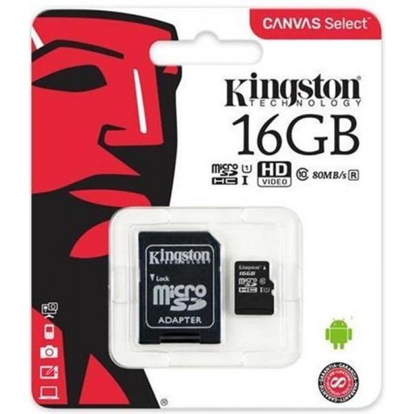 Карта памяти Kingston 16GB microSDHC class 10 UHS-I Canvas Select + SD-адаптер (SDCS/16GB)