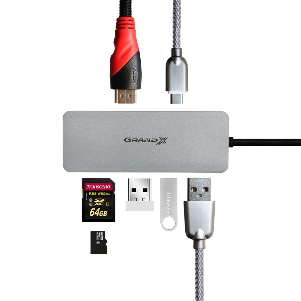 Концентратор Grand-X SG-512 USB TypeC-HDMI/3хUSB/TypeC/CR, Silver