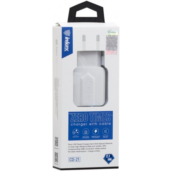 Зарядное устройство INKAX CD-21 Travel charger + Micro cable 2USB 2.1A White