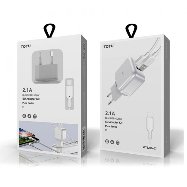 Сетевое зарядное устройство TOTU Dual USB EU Adapter 2.1A Pure Series, White (CACA-018)