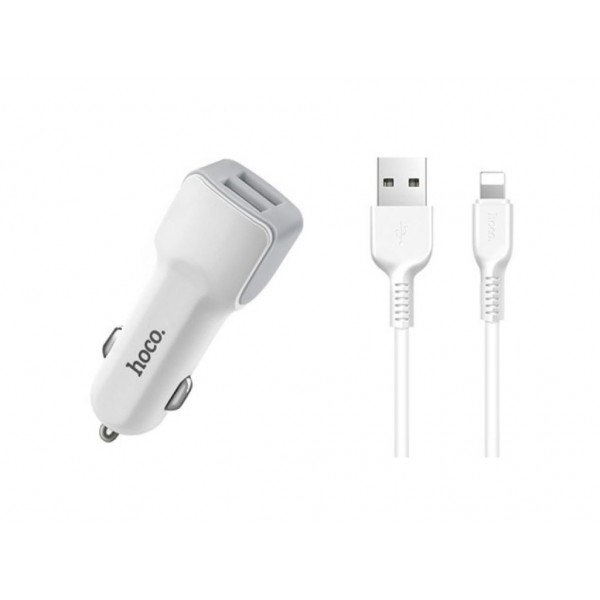 Автомобильное зарядное устройство Hoco Z23 Grand Style+Cable (Lightning) 2.4A 2USB White